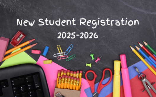 School Supplies on Chalkboard with New Student Registration 2025-2026 Text