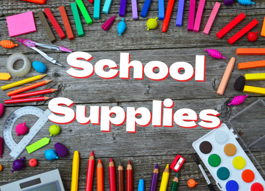 Various school supplies surrounding the text 'school supplies'