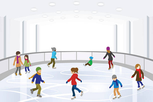 Cartoon figures ice skating at indoor rink