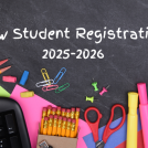 School Supplies on Chalkboard with New Student Registration 2025-2026 Text