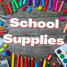 various school supplies surrounding the text 'school supplies'