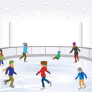 Cartoon figures ice skating at indoor rink